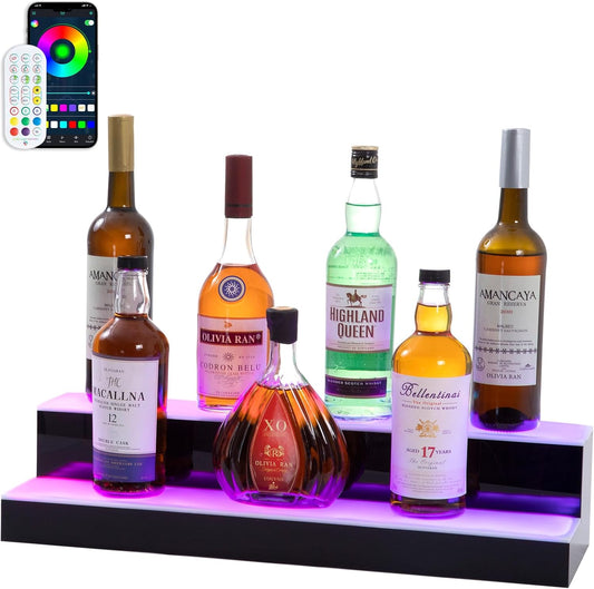 Led Lighted Liquor Bottle Display Shelf, 24 Inch 2 Tier Whiskey Rack, Support USB, Bar Stand with RF Remote & App Control, Illuminated Acrylic Lighting Shelves for Home Bar, Party