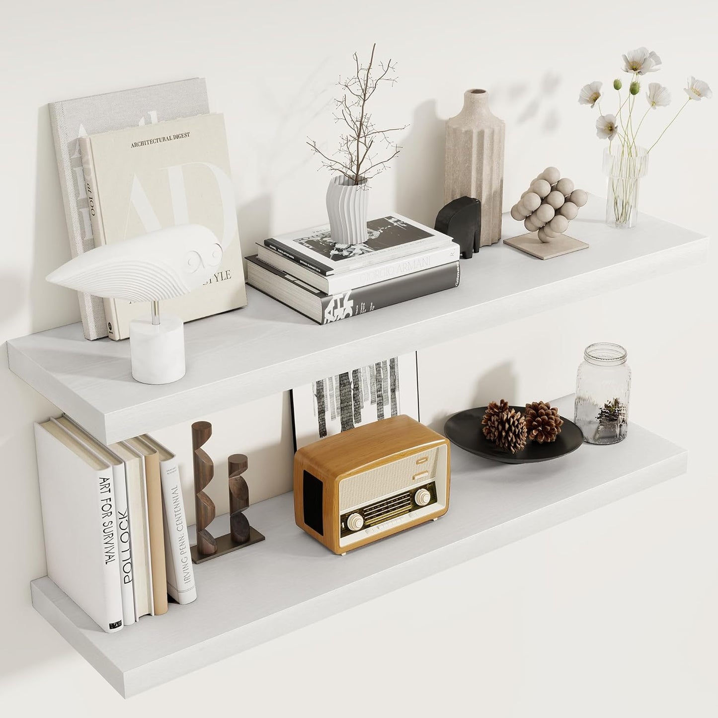 Fun Memories 40 Inch Floating Shelves Set of 2, 8 Inch Deep Wall Shelf, Rustic Wood Storage Shelves for Bedroom, Kitchen, Bathroom, Wall-Mounted Shelf with Invisible Brackets for Books|Storage, White