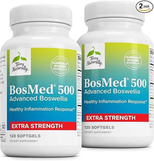 Terry Naturally BosMed 500 Extra Strength - Boswellia Serrata Extract - Supplement for Healthy Lung Support - Herbal Supplement Formula with High Levels of AKBA - 120 Softgels (Pack of 2)