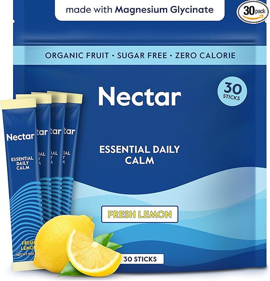 Nectar Calm Magnesium Glycinate Drink Mix - Sugar Free & Zero Calorie - with Organic Ashwagandha, Vitamin D, L-Theanine, Hydrating Electrolytes - Relax, Focus & Calm - Non-GMO (Lemon 30 Sticks)