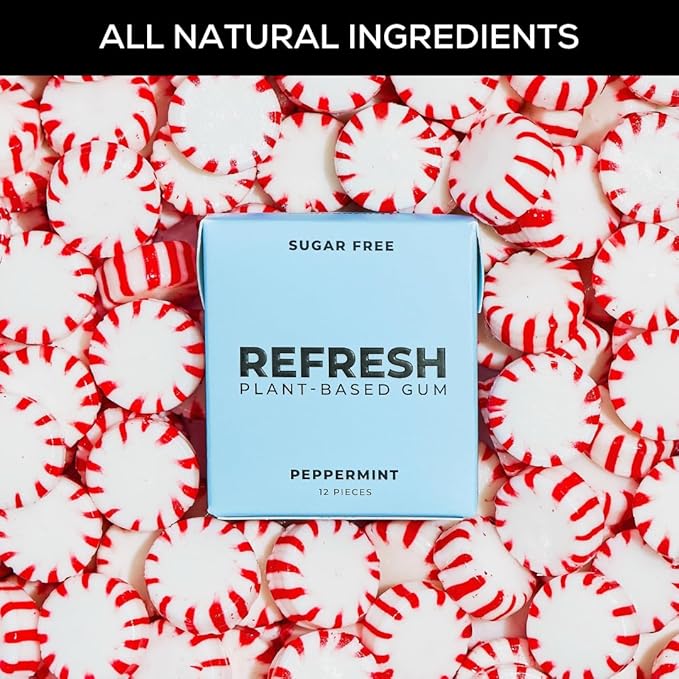 Refresh Gum, Xylitol, Natural, Sugar Free, Aspartame Free, Plastic Free, Natural Flavors & Organic Ingredients, Plant-Based, Low Calorie, Non GMO, Gluten Free, Vegan, Peppermint, 12 Pcs, 12 Pck