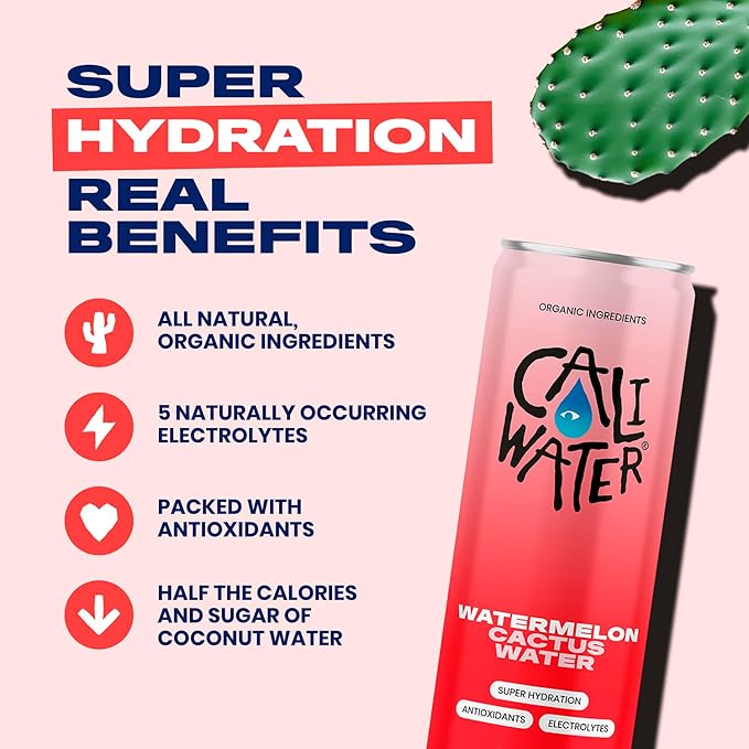 Caliwater - Organic Cactus Water - Watermelon - 5g Sugar, 35 Calories - Half Sugar of Coconut Water - Natural Plant Based Hydration - Skin Care, Electrolyte Drinks - Flavored Water Beverages - 12 Cans
