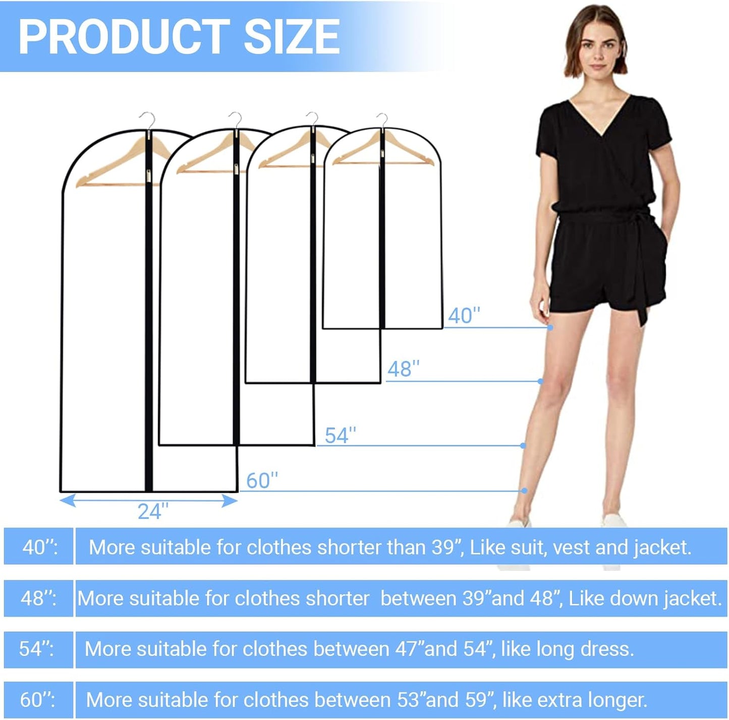 Garment Bags for Hanging Clothes 24'' x 60'' (Set of 12) Coat Covers for Closet Foldable Washable Dress Bags for Hanging Clothes for Long Dress Dance Costumes Suits Gowns Coats