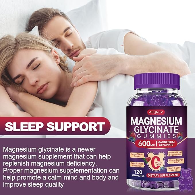 Magnesium Glycinate Gummy 600mg, Chewable Sugar Free Potassium Magnesium Gummy for Sleep, Body Support and Relaxation, Magnesium Supplements with Vitamin D, B6, and CoQ10 for Men & Women