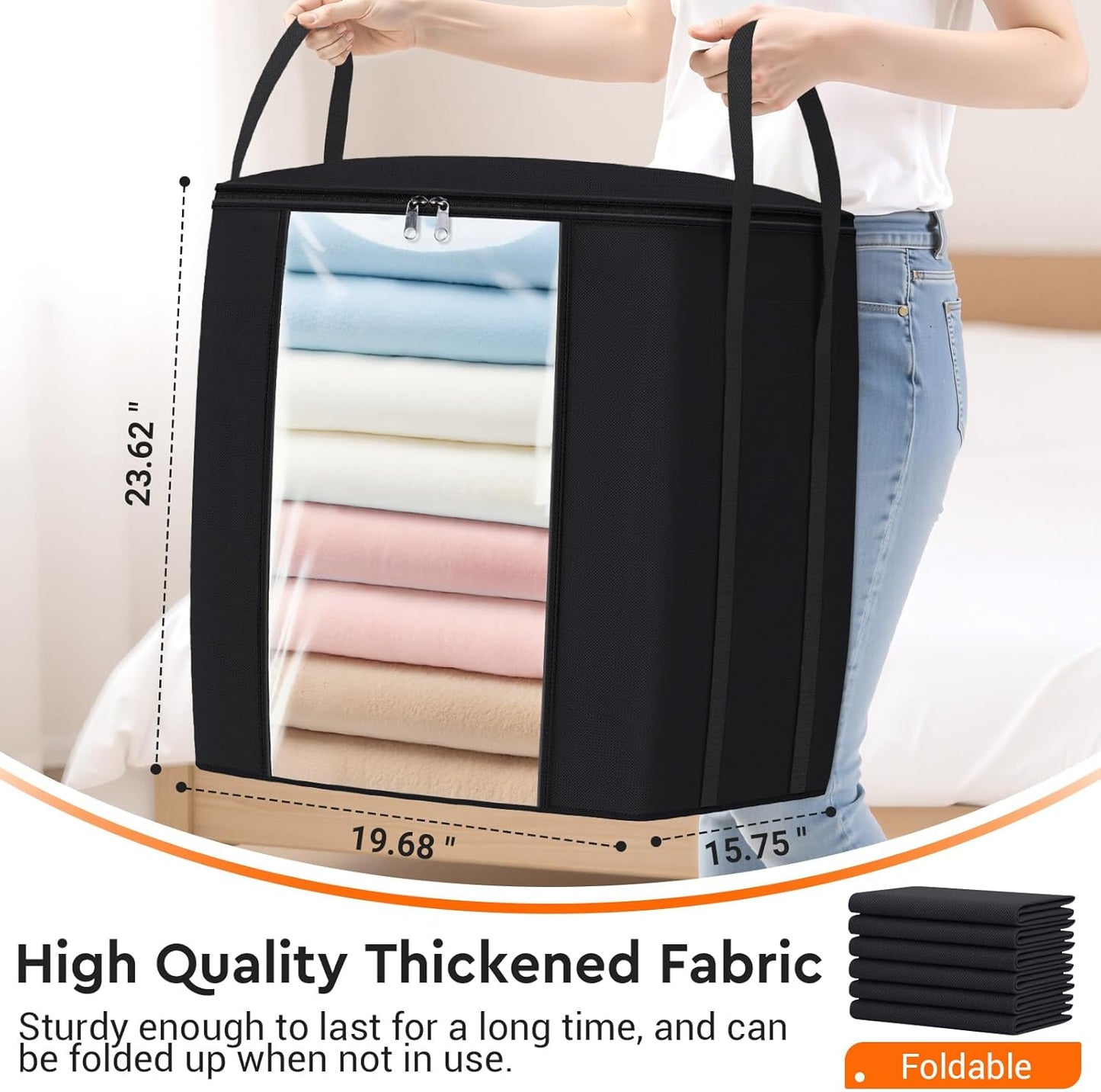 120L Extra Large Clothes Storage Bags, Foldable Blanket Storage and Organization, Thick Fabric Containers with Reinforced Handles & Zippers for Clothing, Comforters, Bedding, Black, 4 Pack