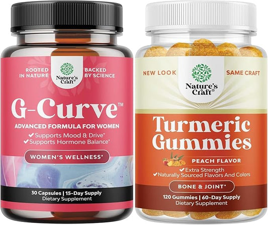 Bundle of G Curve Horny Goat Weed for Women for Enhanced Energy Mood and Performance and Turmeric Gummies for Adults Peach Flavor - Extra Strength Joint Support Gummies
