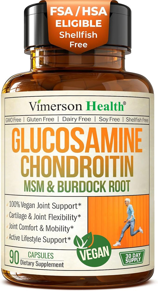 Vegan Glucosamine Chondroitin MSM - 100% Vegan Joint Support Supplement for Women & Men with Burdock and Glucosamine Sulfate 1500 mg. Used for Cartilage and Joint Health and Flexibility - 90 Capsules