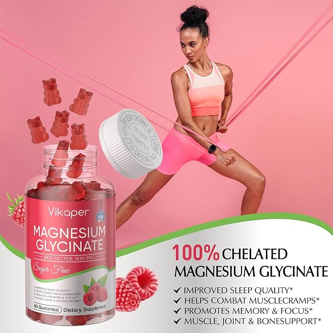 Magnesium Glycinate Gummies 1000 mg Sugar Free,High Absorption Calcium Magnesium Supplement,Vegan,Non GMO,Gelatin Free,Calm Mood,Sleep,Boosts Energy Support for Adults,90 Raspberry Gummies