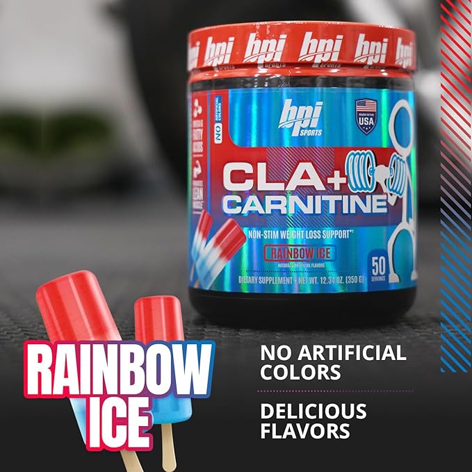 BPI Sports CLA+Carnitine – CLA L Carnitine & Linoleic Acid – L Carnitine Supplement for Weight Loss, Metabolism & Lean Muscle – Caffeine Free – Rainbow Ice – 50 Servings – 12.34 oz