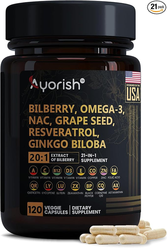 Eye Vitamins with Bilberry Equivalent to 6000mg Lutein and Zeaxanthin Supplements Lycopene Resveratrol Grape Seed Astaxanthin for Eyes - Eye Care Health and Mineral Supplement 120 Count