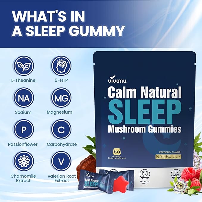 Sleep Gummies for Adultswith L-Theanine, Magnesium, Reishi Mushroom,Valerian Root, Passionflower | Non-Habit Forming Sleep Aid | Non-GMO Sleep Gummies Melatonin Free | Raspberry Flavor (60pcs)