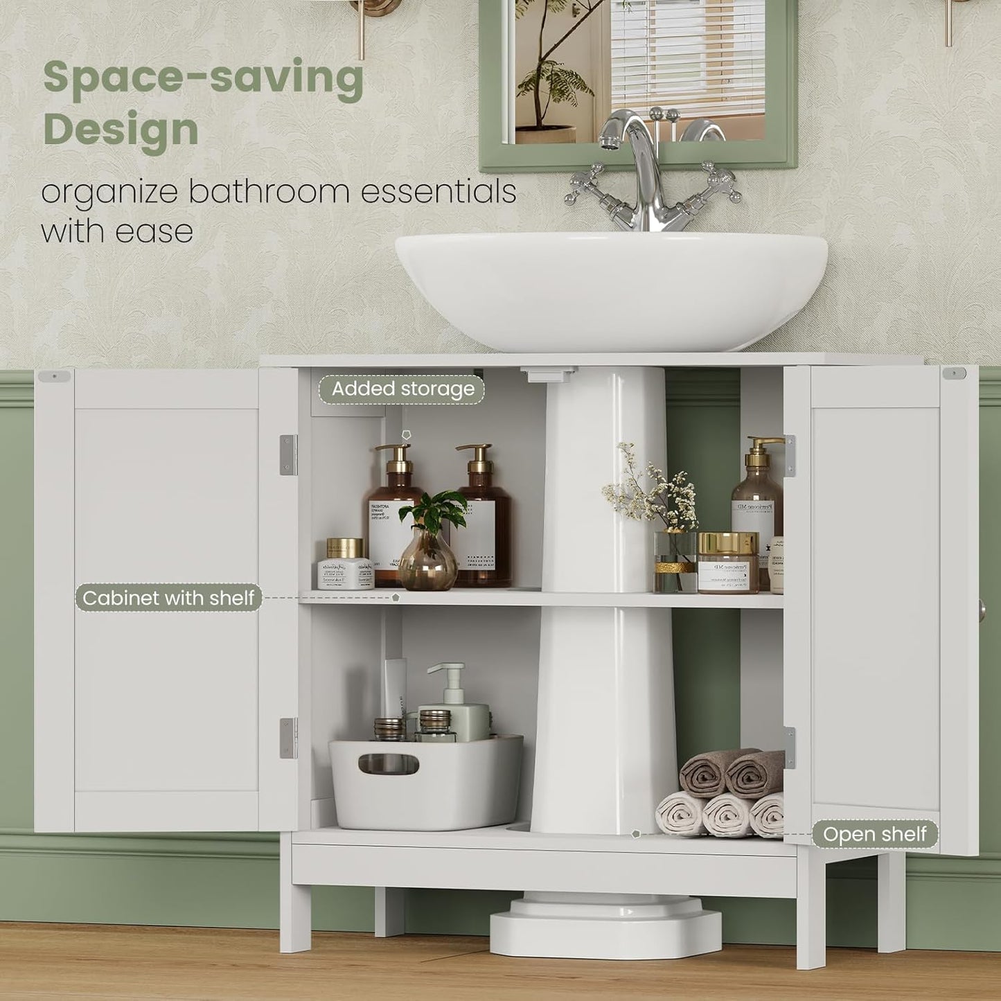 Iwell Pedestal Sink Storage Cabinet with 2 Doors and Shelf, Under Sink Cabinet, Bathroom Sink Cabinet with U-Shape, White