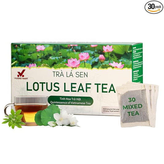 VUONGMART Dried Lotus Leaf Tea, 100% Hand Pick, Stevia, Jiaogulan, Jasmine, Organic Herbal Tea, 30 Tea Bags, Gluten Free, Dairy Free, Sugar Free & Natural, Energy Boost & Health Support