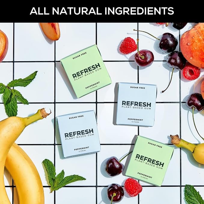 Refresh Gum, Xylitol, Natural, Sugar Free, Plastic Free, Aspartame Free, Natural Flavors & Organic Ingredients, Plant-Based, Low Calorie, Non GMO, Gluten Free, Vegan, Mint Variety Flavor, 12 Pcs, 5 Pack