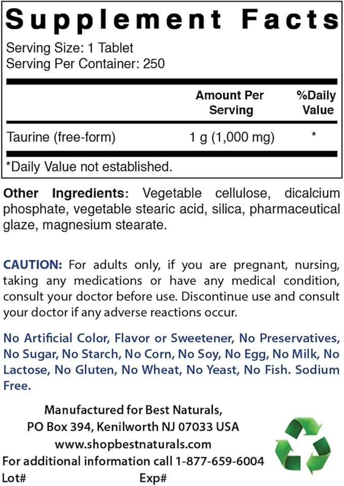Best Naturals Taurine 1000 mg 250 Tablets (250 Count (Pack of 3))