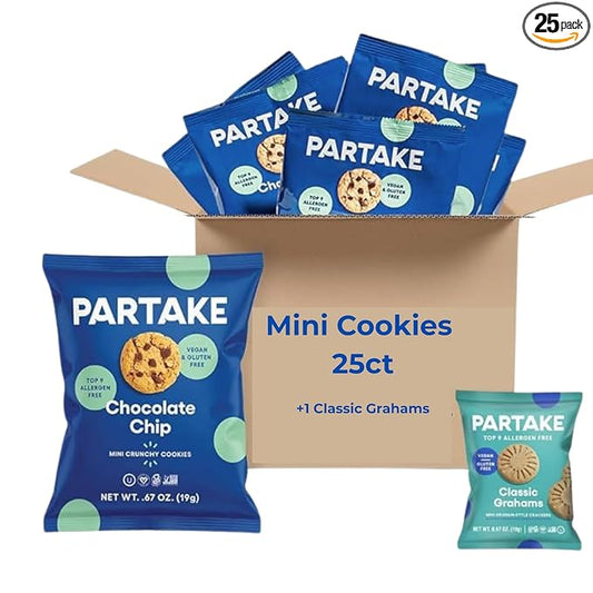 Partake Gluten Free Mini Crunchy Chocolate Chip Cookies + Bonus Bag of Classic Grahams - Vegan - Free From the Top 9 Allergens Including Dairy, Wheat, Soy, Eggs, & Peanuts - Non GMO - Safe School & Office Snack (25 Packs, 0.67 oz)
