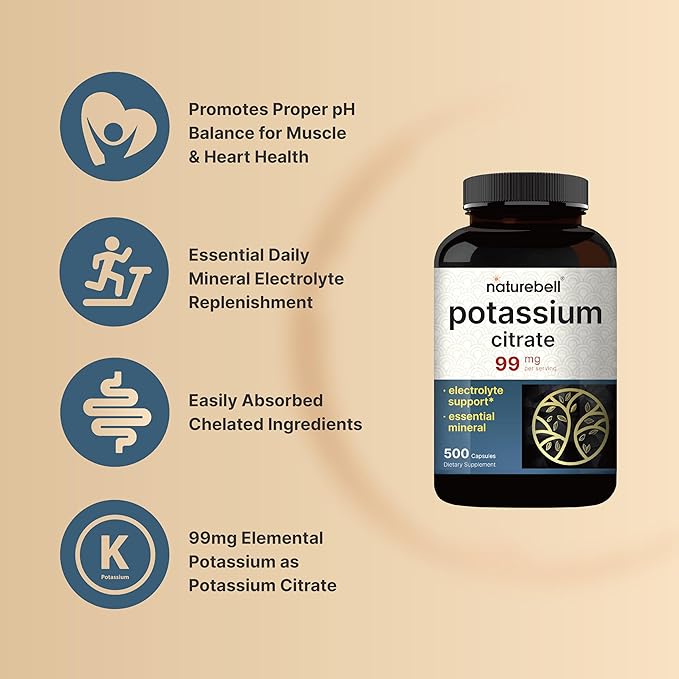 Potassium Citrate Supplement 99mg, 500 Capsules | Easily Absorbed Chelated Form – Essential Mineral Electrolyte Balance – Supports Muscle, Bone, & Heart Health – Non-GMO