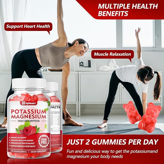 Potassium Magnesium Supplement Gummies for Adults Kids, Sugar-Free Potassium Gummies Supports Leg Cramps & Muscle & Immune Health, High Absorption Magnesium Gummies Raspberry Flavor 120 Cts