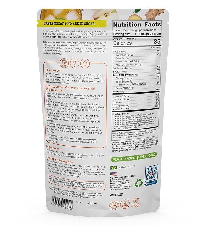 Essenzefruits Apple Ginger Kombucha Powder Tea Mix Beverage – Sugar Free, Fermented & Dried - Just Add Water! Live Probiotics & Prebiotic Blend, Vitamin C - Makes up to 30 Cups (8 Oz, 226g)