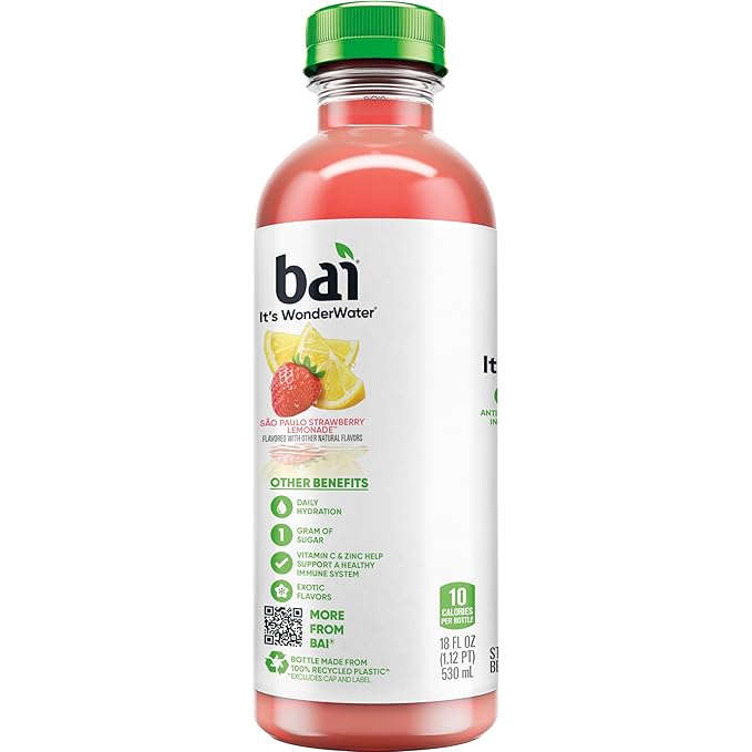 Bai Antioxidant Infused Water Beverage, São Paulo Strawberry Lemonade, with Vitamin C and No Artificial Sweeteners, 18 Fluid Ounce Bottle, 6 Pack