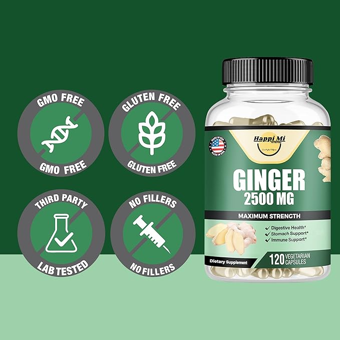 Ginger Root Capsules Made with Organic Ginger Root Powder 2500mg per Serving, Digestive Health Support, Immune Support, Stomach Support, 120 Vegetable Capsule 40 Servings