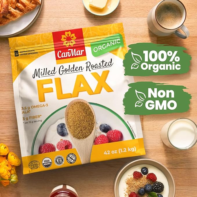 CanMar Ground Milled Golden Roasted Organic Flaxseed, 42 oz – Vegan, Non-GMO, Gluten Free – Flaxseed Meal with Omega-3, Fiber – Ground Organic Linseed Powder