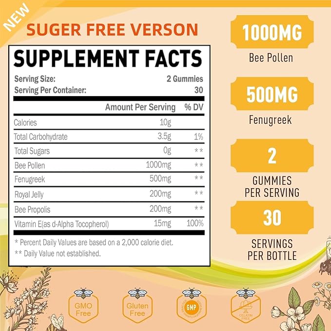Bee Pollen 1000mg Sugar Free Gummies, w/Fenugreek, Royal Jelly, Propolis, Organic Bee Pollen Chewable Supplement for Women, Rich in Vitamin E, Immunity & Skin Care, 60 Counts