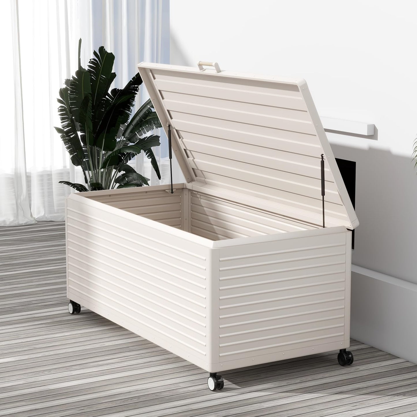 MIRADOR 281 Gallon Large Outdoor Metal Deck Box with Wheels, Storage Box with Lid for Patio Furniture, Garden Tools, Outdoor Cushion, Latte