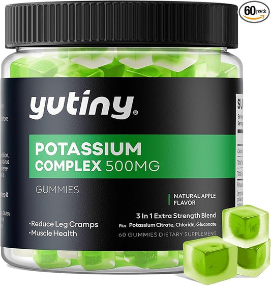 Potassium Supplement 500mg 3 in 1 Complex Gummies, Chewables with Potassium Citrate Chloride Gluconate, Extra Strength Blend, 60 Count