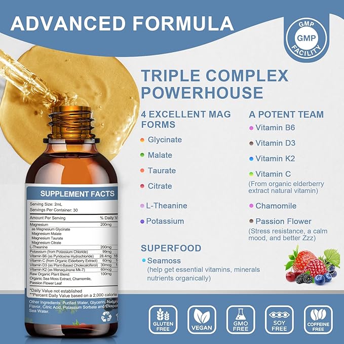 Magnesium Glycinate Liquid Drop - Triple Absorption Supplement to Support Nerves, Sleep, Calm, Heart, Muscles * -Sugar-Free with Potassium, L-Theanine, Sea Moss，Vitamin B,C,D3, K2-1Pack