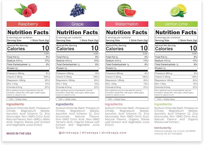 Vaya Sugar Free Electrolyte Powder – 24 Stick Pack Variety – 1,500mg Electrolytes + Vitamin C & Zinc – Keto Hydration Drink Mix – Raspberry, Grape, Lemon Lime, Watermelon
