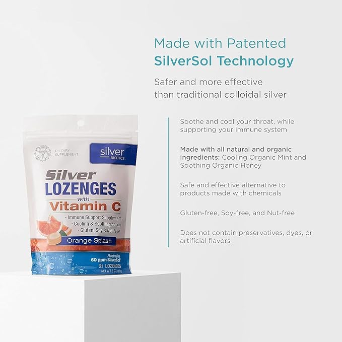 Silver Biotics Colloidal Silver Lozenges | 60 ppm SilverSol Ag₄O₄ Technology | Immune Support + Throat Soothing | Orange Vitamin C | 21 Count