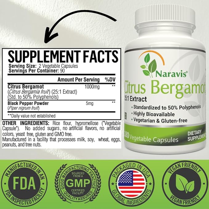Citrus Bergamot Extract - 180 Capsules - 25:1 Extract - 50% Polyphenols - Black Pepper for Enhanced Absorption - Cholesterol lowering Supplements - Polyphenols Supplement