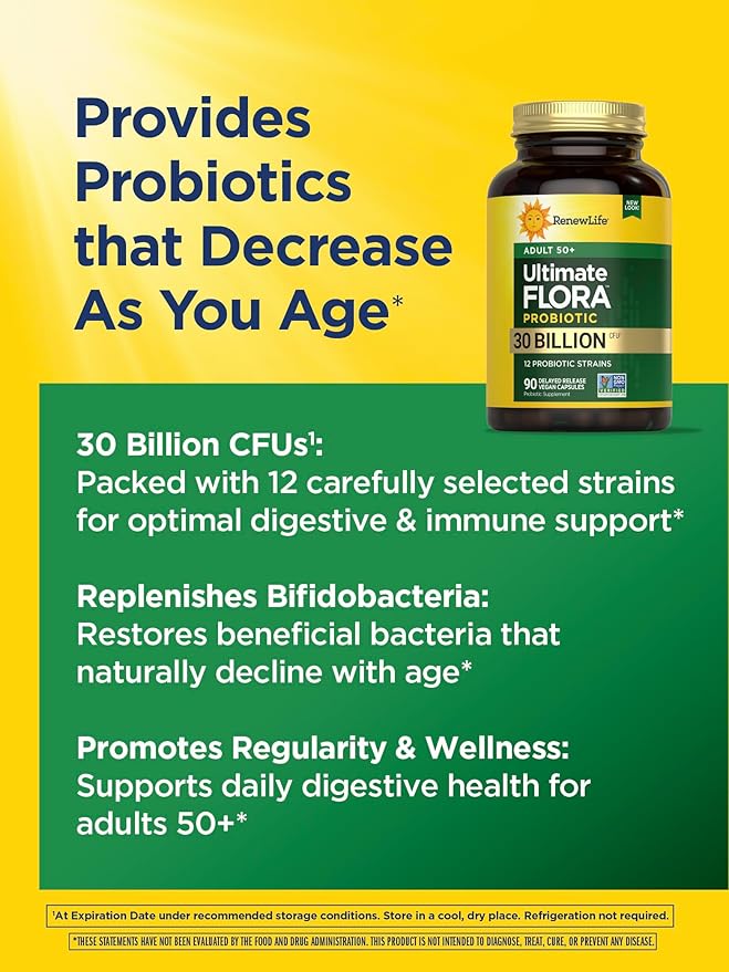 Renew Life Probiotic Adult 50 Plus Probiotic Capsules, Daily Supplement Supports Urinary, Digestive and Immune Health, L. Rhamnosus GG, Dairy, Soy and gluten-free, 30 Billion CFU, 90 Count