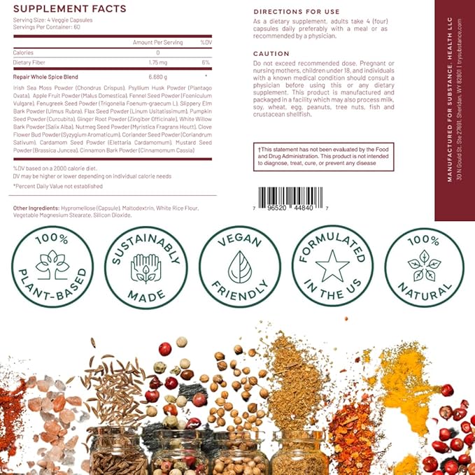 SUBSTANCE. - Nature's Fiber & Spices for Digestive Wellness - Supports Colon Cleanse - Formulated with Psyllium Husk, Flax Seed & Ginger - Dietary Fiber Supplement - Vegan-Friendly - 240 Capsule