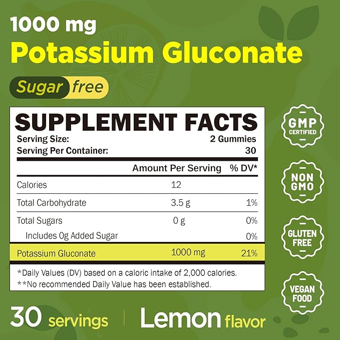 Potassium Gluconate 1000 mg Gummies, Sugar Free for Women & Men Adults, Support Muscle Cramps & Heart Health, Chewable Potassium Supplement, Lemon Flavor, Vegan Source, 120 Gummies