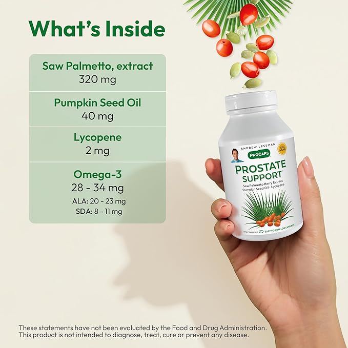 ANDREW LESSMAN Prostate Support Supplement for Men's Health, 180 Softgels, No Additives - Saw Palmetto for Men, Pumpkin Seed Oil, Lycopene, Omega-3 for Prostate Health, Urinary, Bladder Function