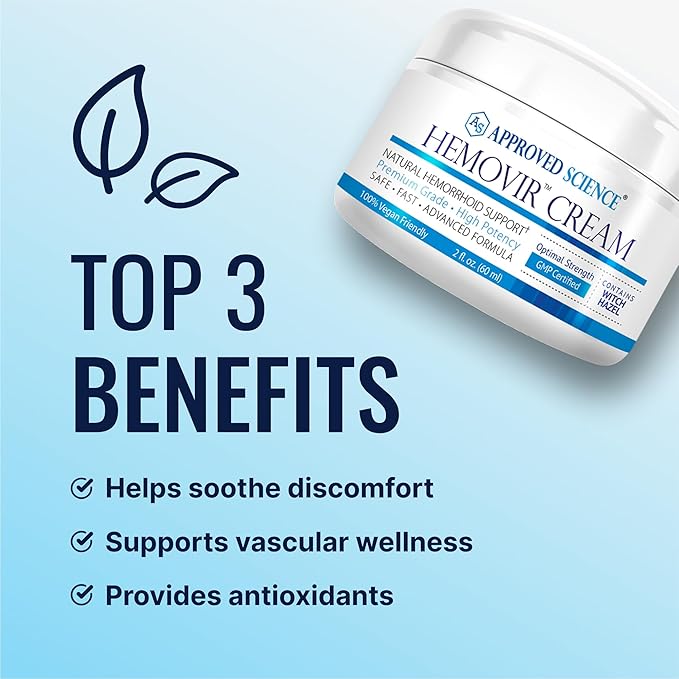 Approved Science Hemovir Cream - Hemorrhoid Support - 2 Fl Oz - Stops Itching and Optimizes Blood Flow - Restores Damaged Skin Tissue - Non GMO - Made in The USA