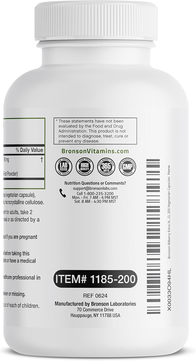 Bronson Bilberry Extra Strength Vaccinium Myrtillus, Promotes Eye Health and Supports Healthy Vision - Non GMO, 200 Vegetarian Capsules