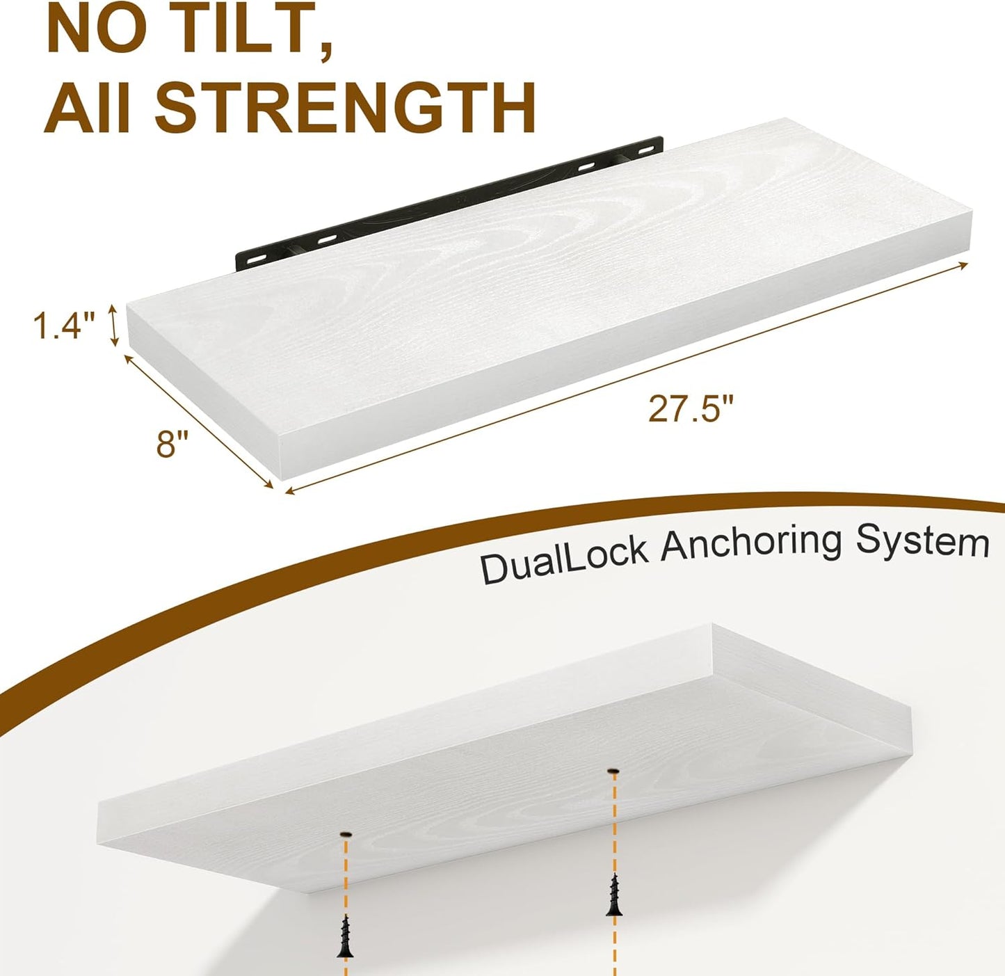 White Floating Shelves for Wall, 27.5 Inch Bathroom Shelves Set of 2, Rustic Wood Wall Shelf with Invisible Brackets for Books|Storage|Decor, 8 Inch Deep Floating Shelf for Bedroom|Kitchen