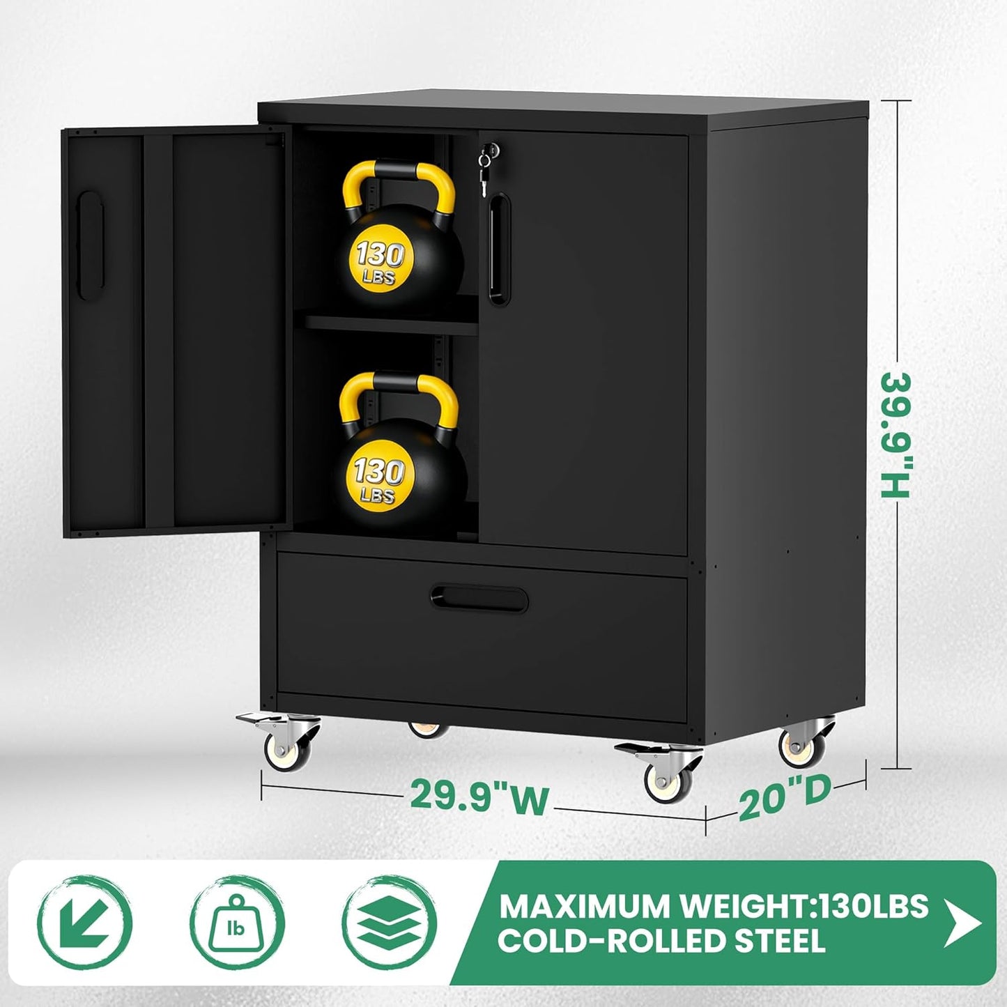 Metal Garage Storage Cabinet with Wheels,Black Lockable Rolling Tool Cabinet with Drawer and Adjustable Shelves,Heavy Duty Tools Cabinet for Home Office Utility Room