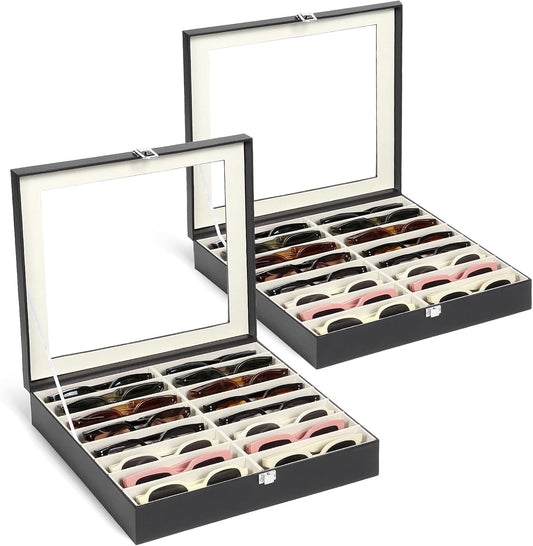 Sunglasses Organizer Case with Adjustable Slots, Eyeglasses Display with Lid, Eyewear Storage Box for Large Glasses