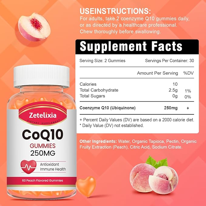 CoQ10 Gummies, 5X Better Absorption Coenzyme Q10 for Cellular Energy and Antioxidant Support, 60 Peach Gummies