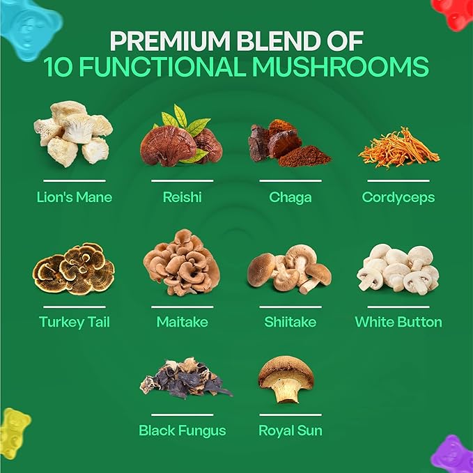BIO VITALICA Mushroom Gummies - Lions Mane Gummies for Adults with 10 - Blend Mushrooms Complex Reishi, Chaga, Cordyceps, Turkey Tail, & More - Mushroom Supplement - Parental (6)
