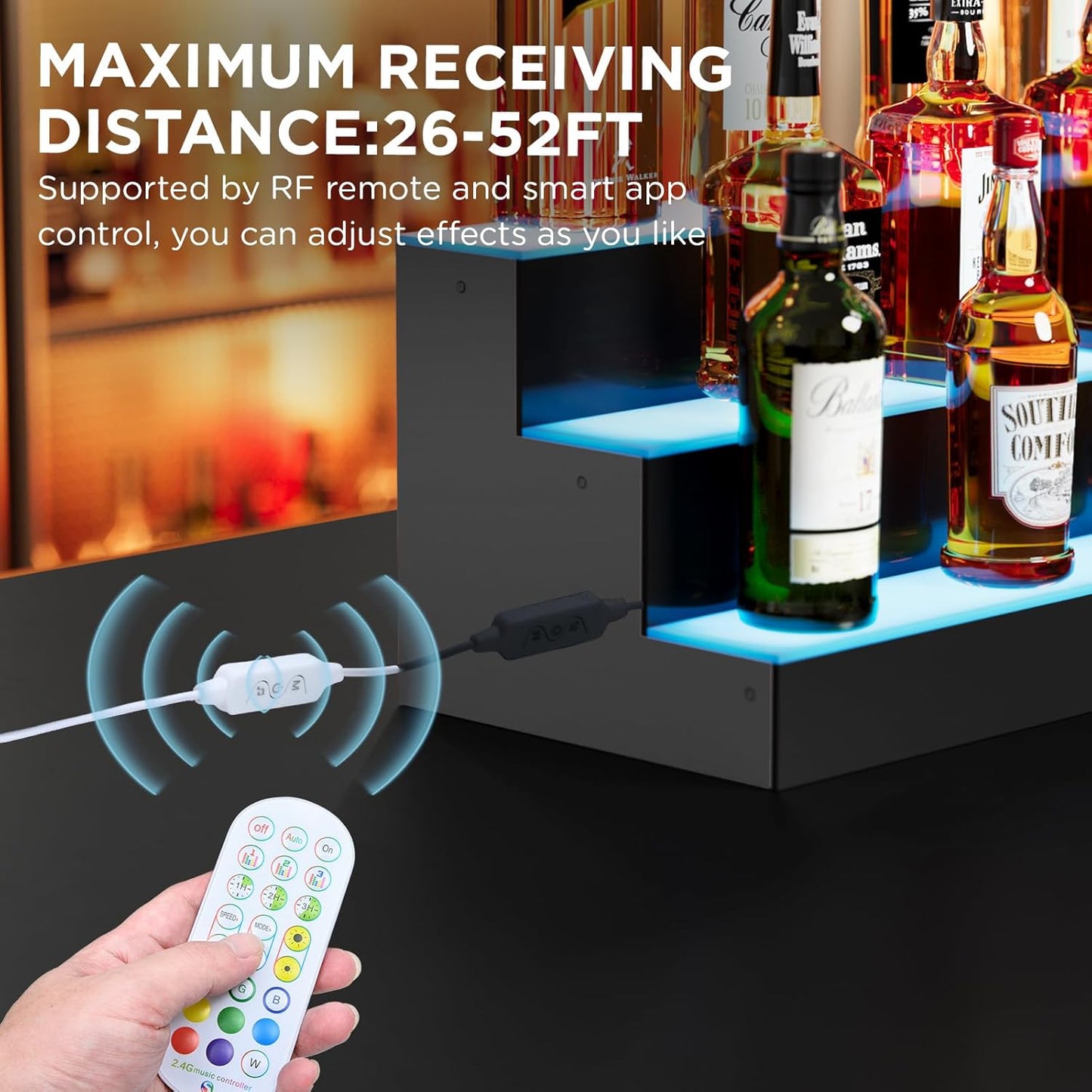 Dethan 2 Tier 40 Inch Liquor Bottle Display Shelf - Wine Racks with Multi-Color App & Remote Control, Adjustable Brightness & Sound Modes, Acrylic Bar Shelves for Commercial Clubs