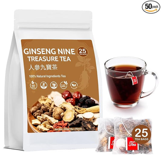 Kidney Tea - Ginseng and Wolfberry, Ginseng Six Treasure Tea, Traditional Chinese Herbal Plant-Based Five Treasure TeaBags, 9 Natural Ingredients Support Liver Cleanse & Repair for Men Women(25 Bags)