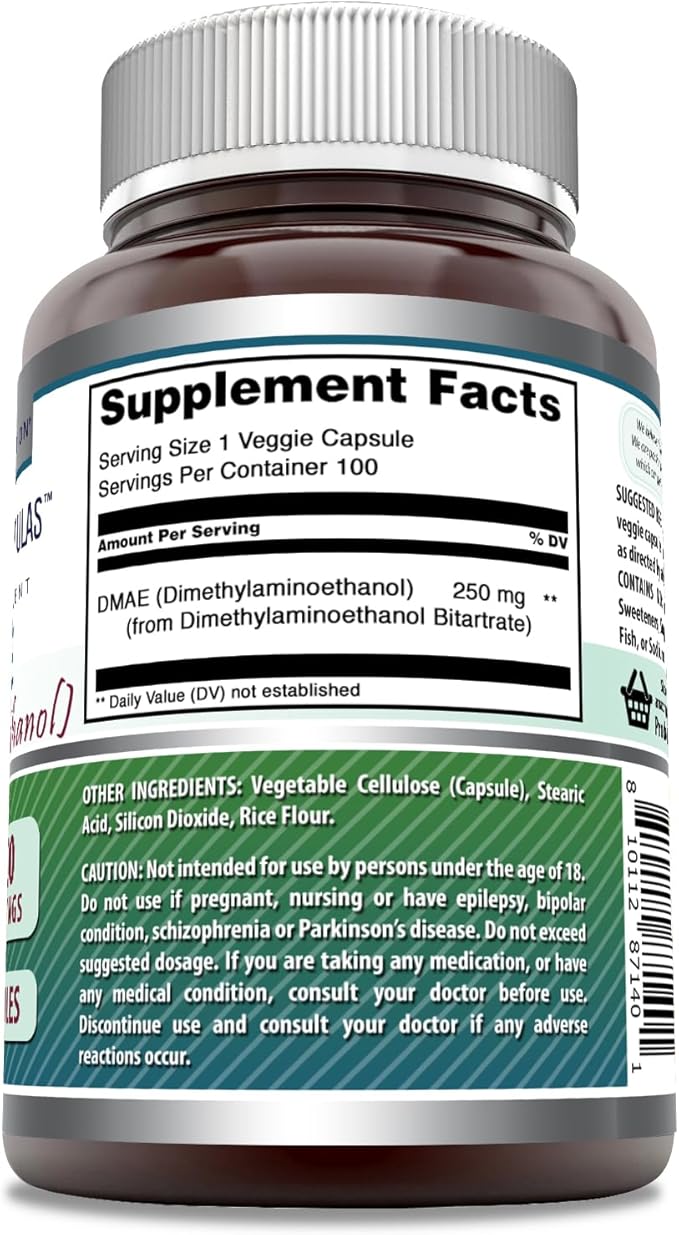 Amazing Formulas DMAE Supplement | 250 Mg | Veggie Capsules | Non-GMO | Gluten-Free | Made in USA (1 Pack, 100 Count)