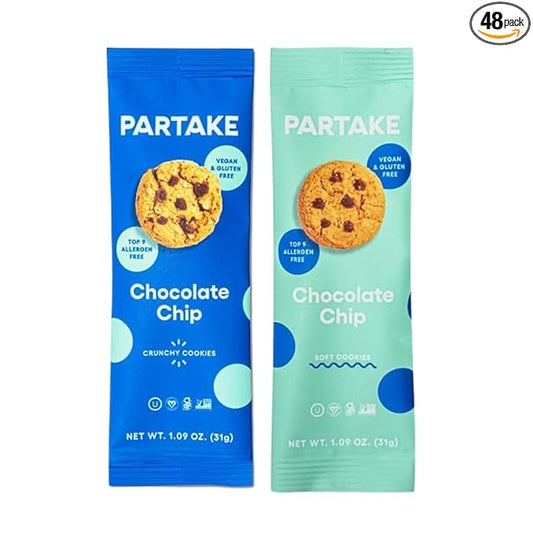 Partake Gluten Free Soft Baked & Crunchy Chocolate Chip Cookies Variety Pack - Vegan - Free From the Top 9 Allergens Including Dairy, Wheat, Soy, Eggs, & Peanuts - Non GMO - Safe School & Office Snack (24 Packs Per Flavor - 48 Packs Total, 1.09 oz)