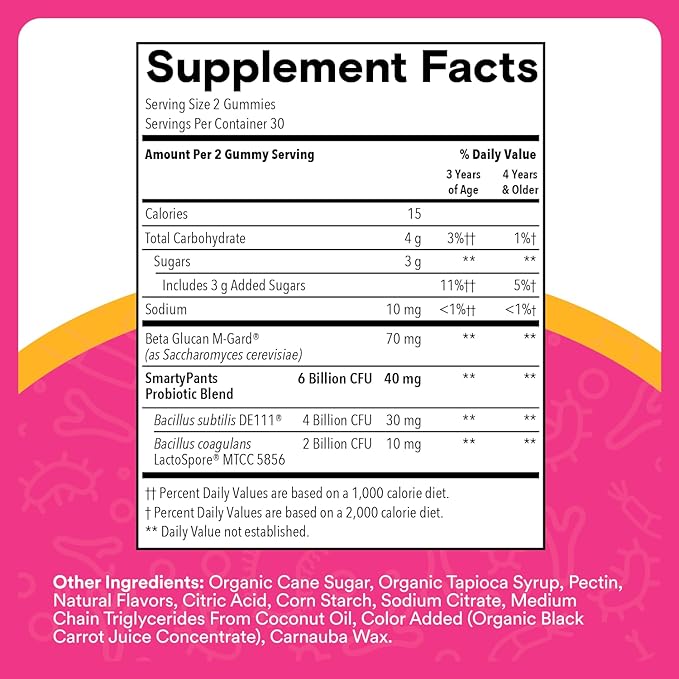 SmartyPants Kids Probiotic & Prebiotic Gummies for Digestive Health: Gut Health Supplement, Clinically Studied Prebiotic for Immune Support, Grape, 60 Count (30 Day Supply)