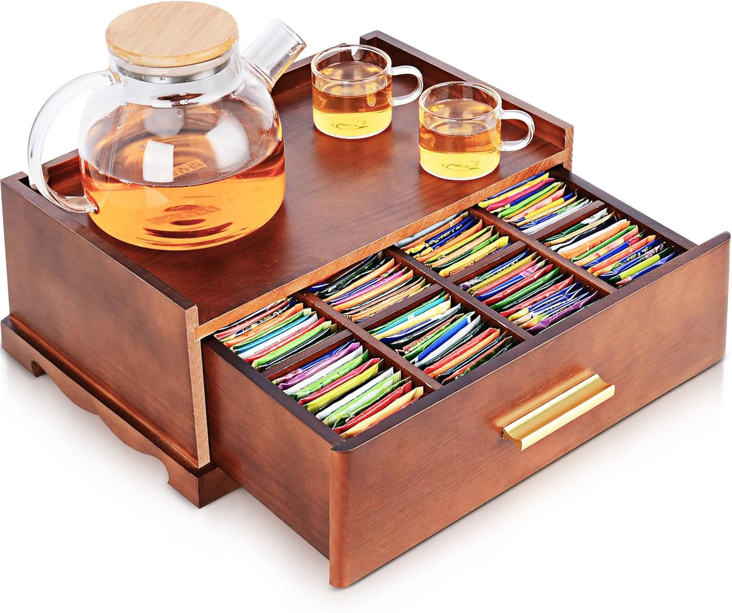 Tea Bag Organizer, Tea Organizers and Storage, Tea Box Organizer Storage Box, Tea Station Organizer for Countertop, Tea Caddy for Wood Tea Holder Organizers for Removable Drawer (Brown)
